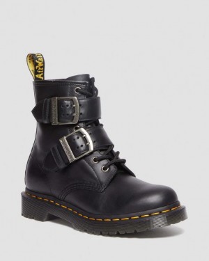 Black Women's Dr Martens 1460 Buckle Pull Up Leather Lace Up Boots | USA_Dr33235
