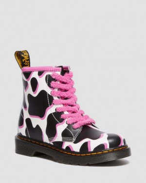 White Kids' Dr Martens Junior 1460 Cow Print Patent Leather Lace Up Boots | USA_Dr80432
